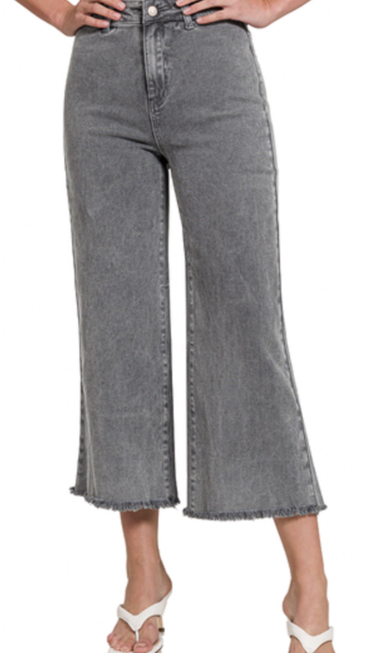 ACID WASHED FRAYED CUTOFF HEM STRAIGHT WIDE PANTS ASH BLACK