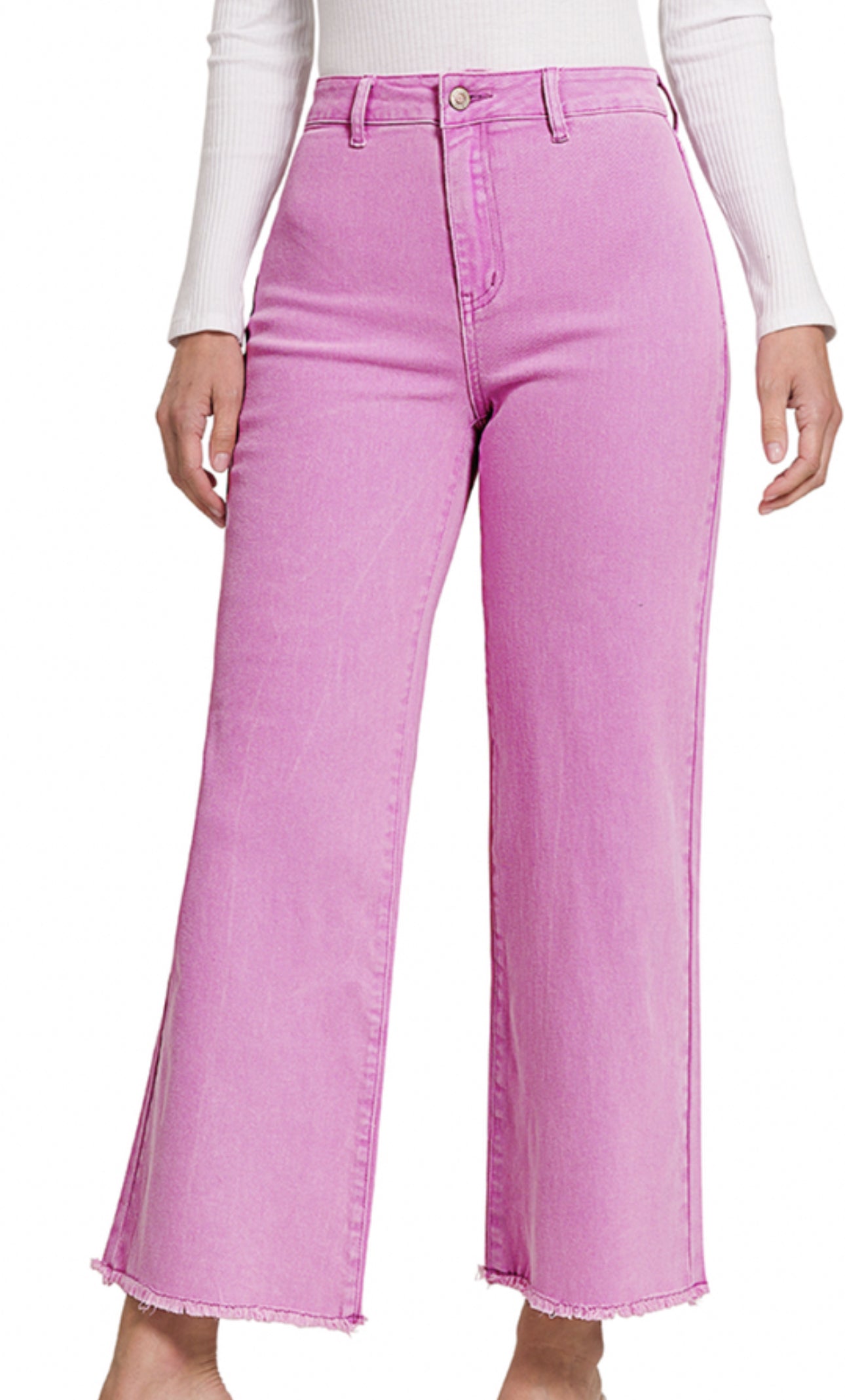 ACID WASHED FRAYED CUTOFF HEM STRAIGHT WIDE PANTS MAUVE