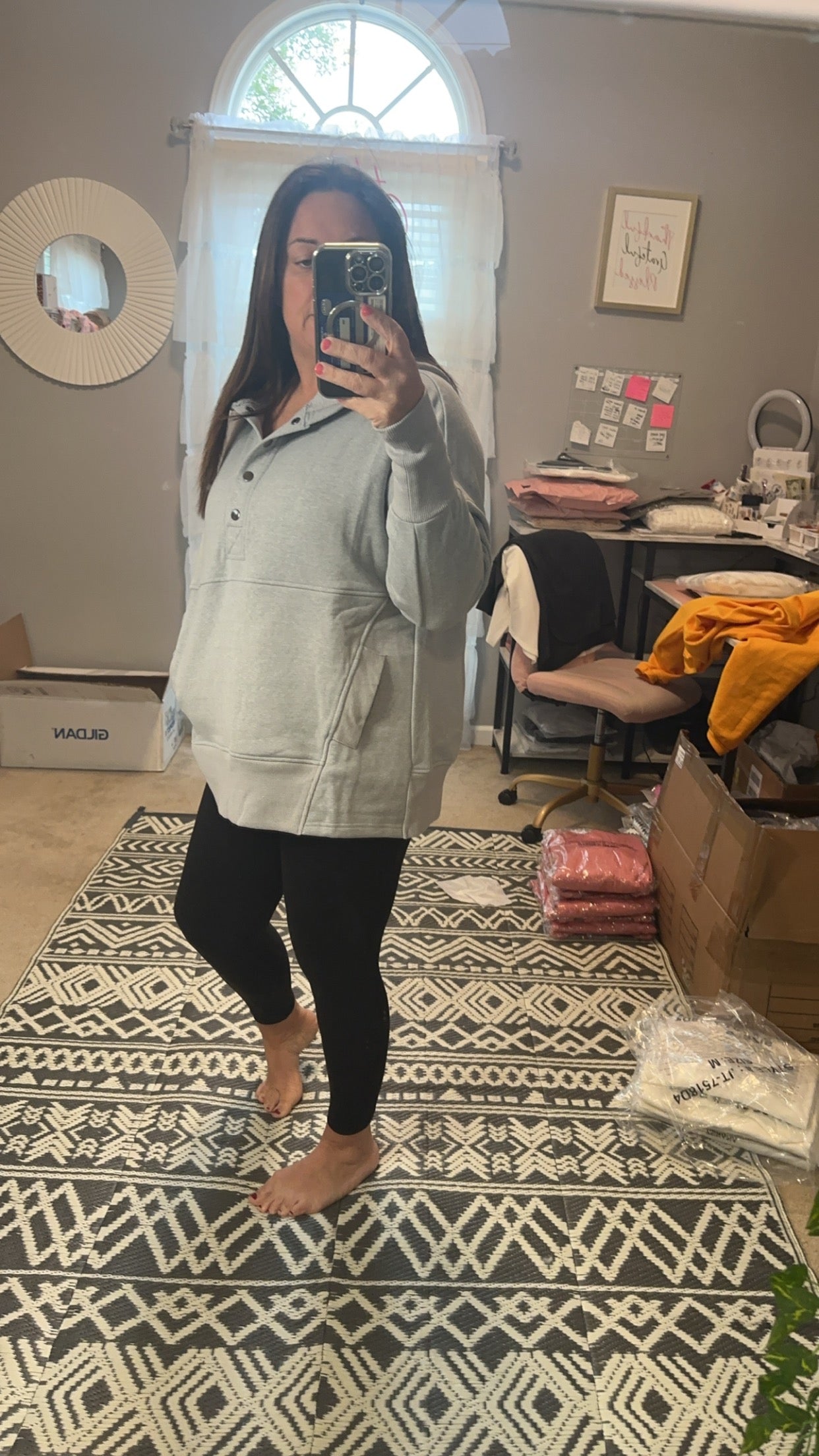 HALF BUTTON FLEECE HOODED PULLOVER H GREY