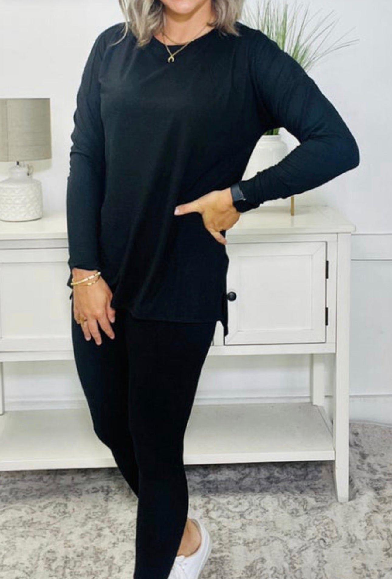 PLUS BRUSHED DTY MICROFIBER LOUNGEWEAR SET BLACK