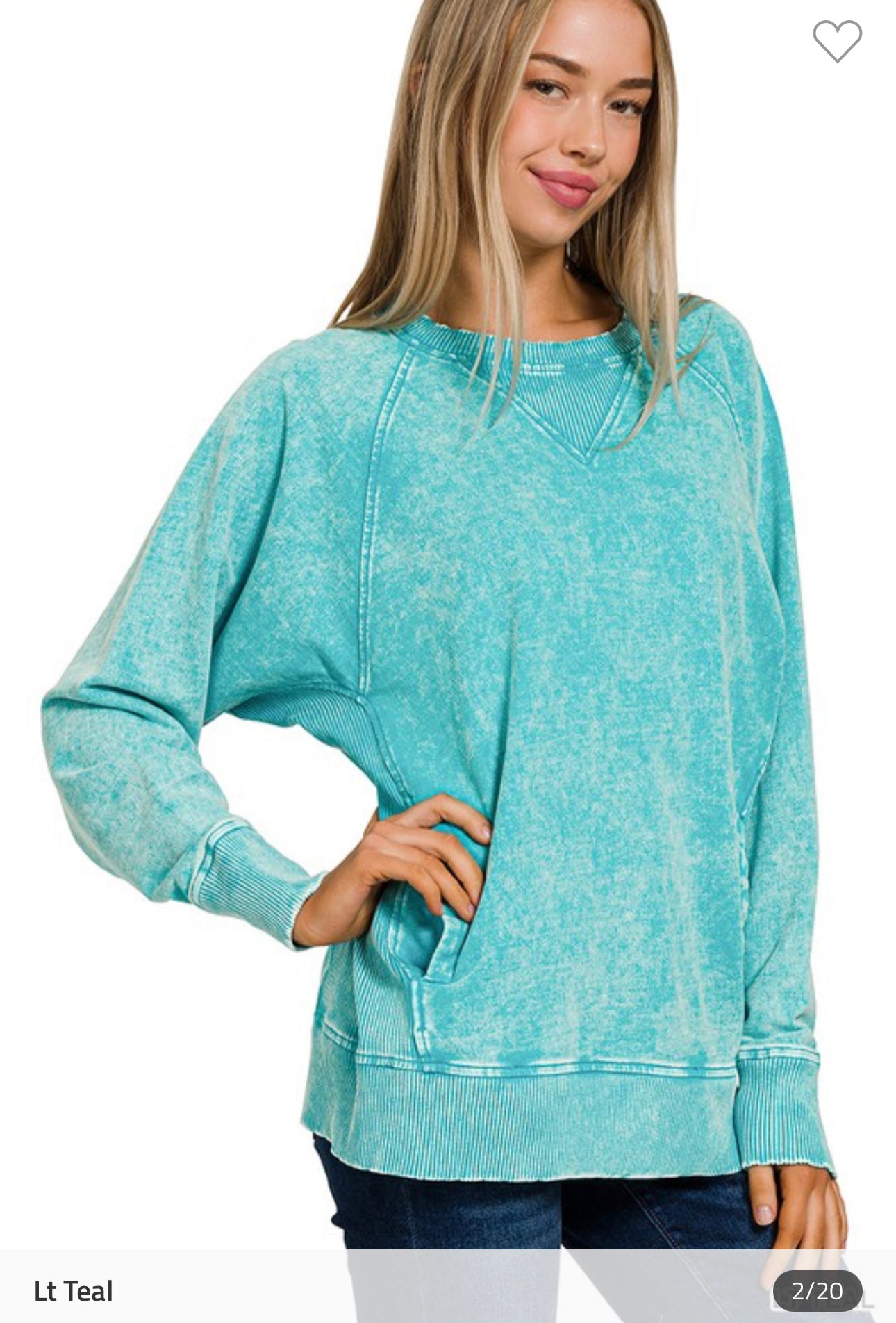 ACID WASHED FRENCH TERRY PULLOVER WITH POCKETS	LT TEAL