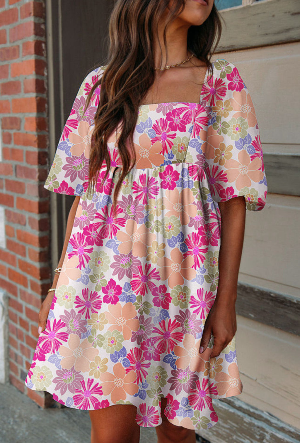 New Rose Summer Floral Square Neck Puff Sleeve Babydoll Dress