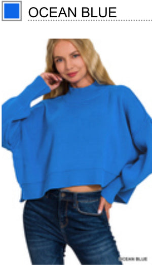 SIDE SLIT OVERSIZED CROPPED SWEATER	OCEAN BLUE