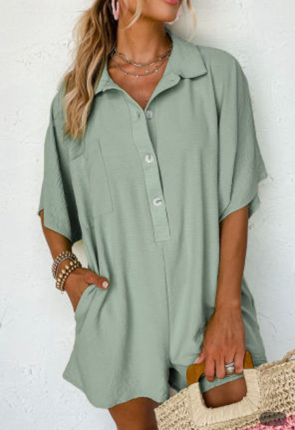 New Spinach Green Half Button Collared Loose Romper