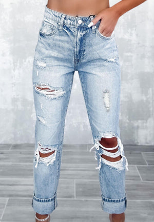 Sky Blue Light Wash Frayed Slim Fit High Waist Jeans