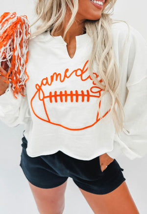 Bright White Game Day Lettering Rugby Notched Neck Sweatshirt