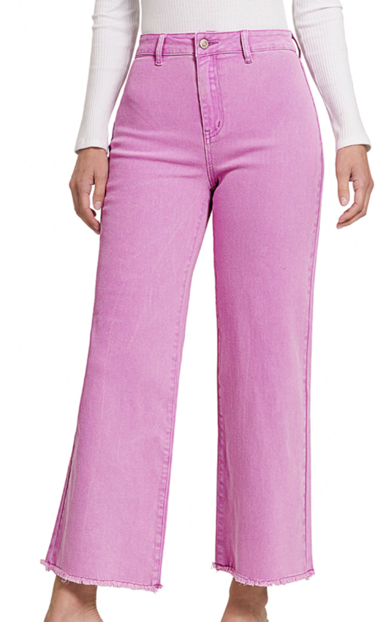 ACID WASHED FRAYED CUTOFF HEM STRAIGHT WIDE PANTS	MAUVE