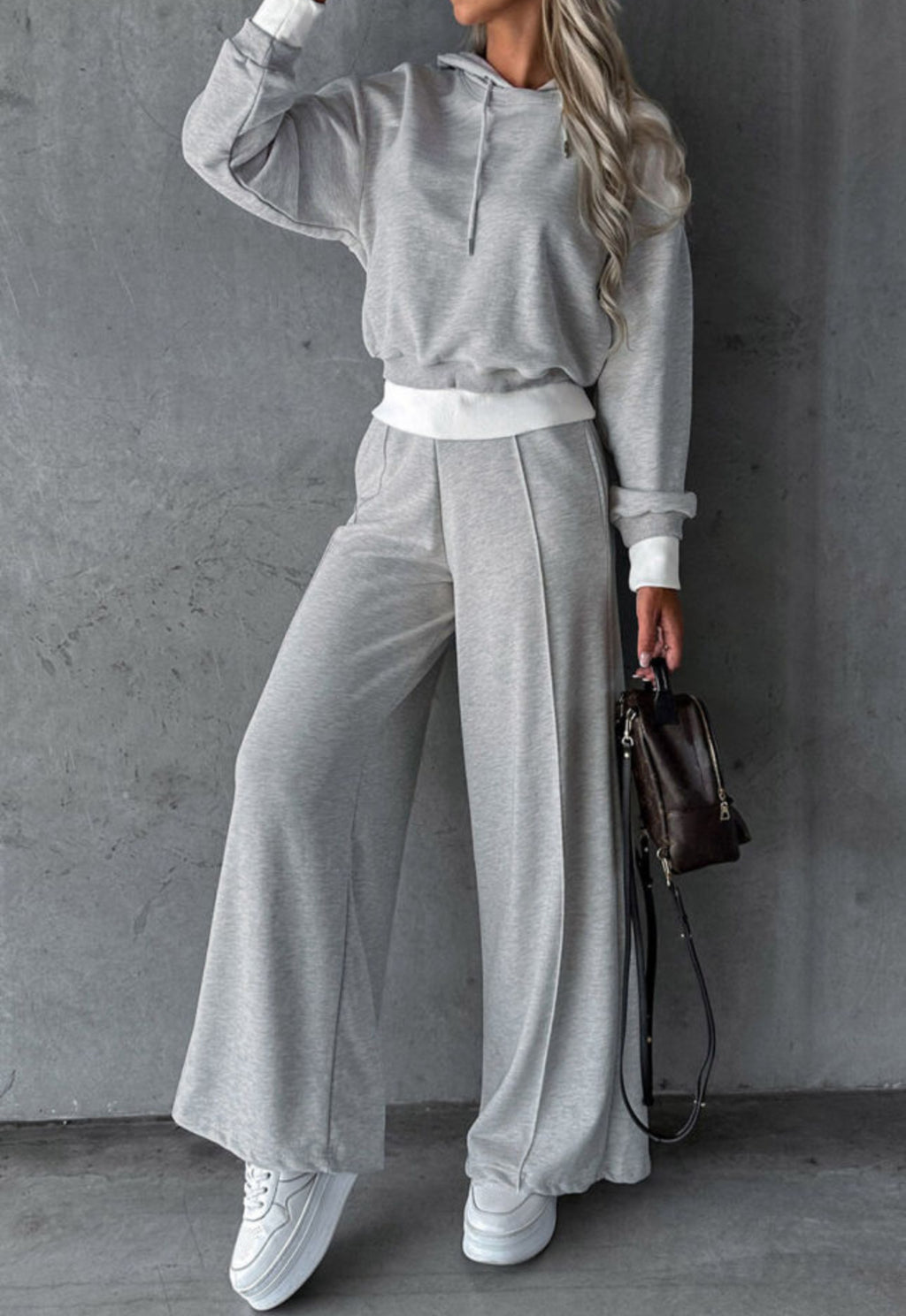 Beige Drawstring Hoodie Splicing Wide-Leg Pants Two Piece Set