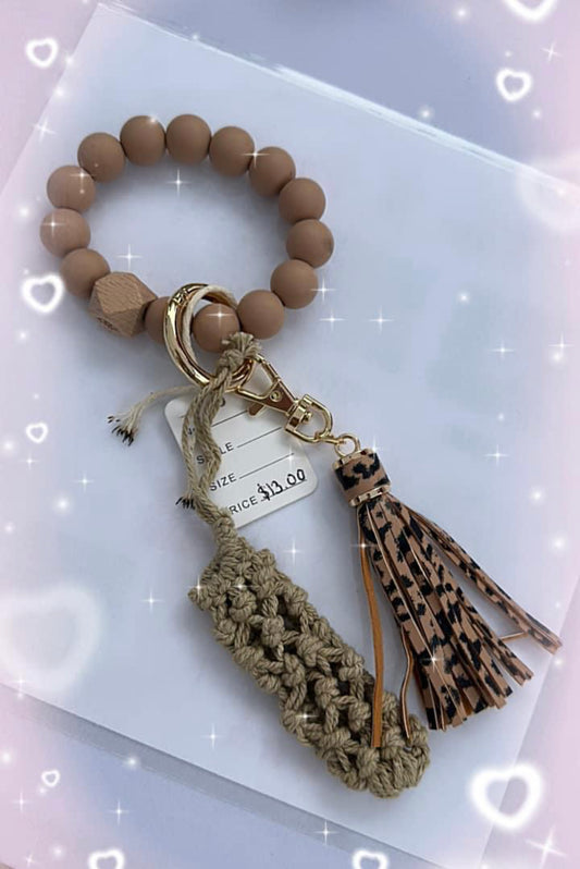 Khaki Hand-Woven Pocket Leopard Tassel Beaded Bracelet Keychain