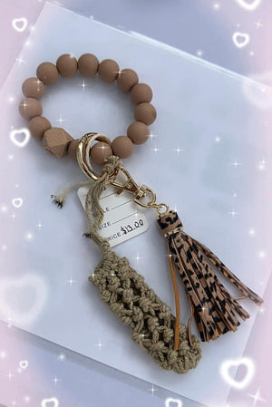 Khaki Hand-Woven Pocket Leopard Tassel Beaded Bracelet Keychain