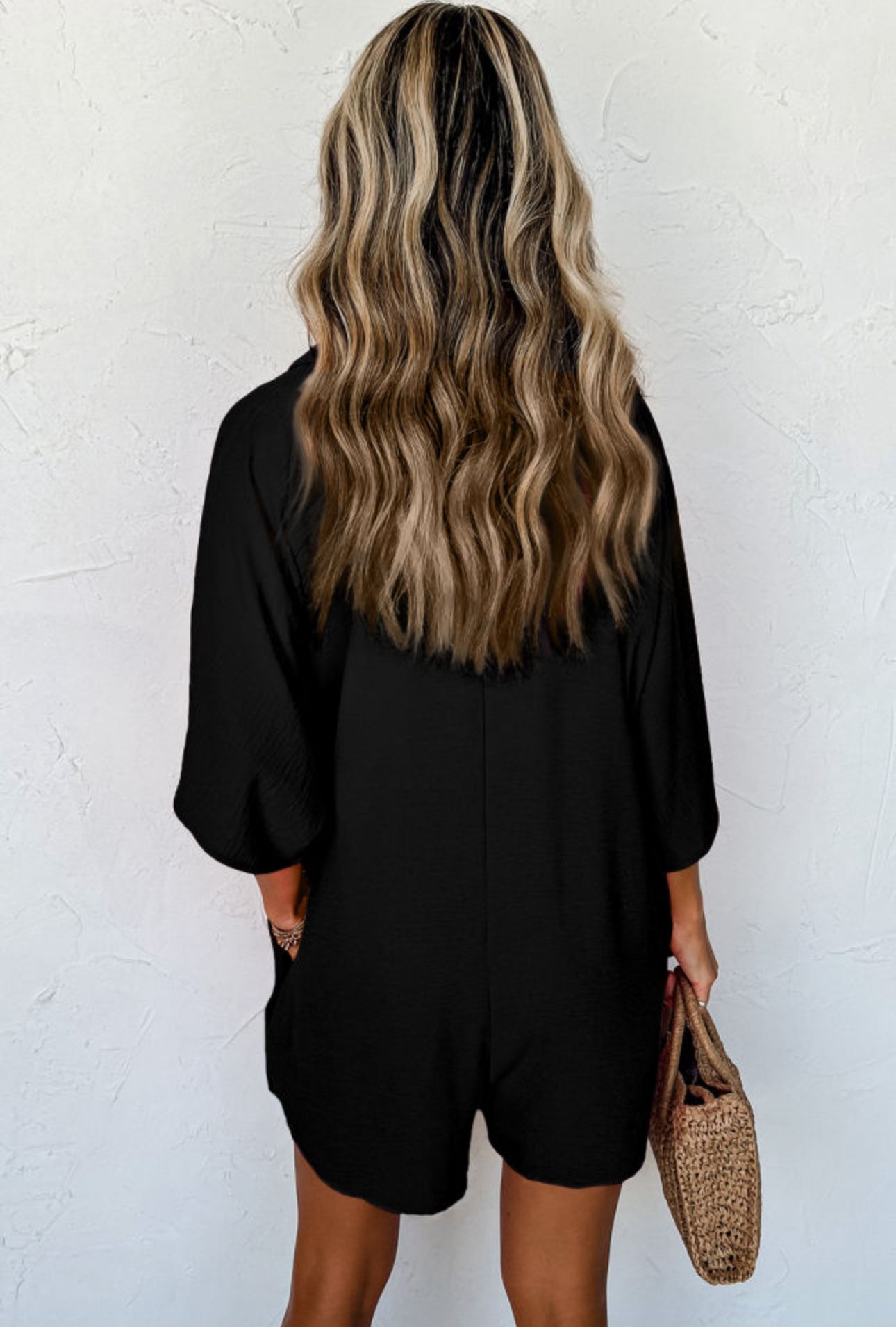 New Black Half Button Collared Loose Romper