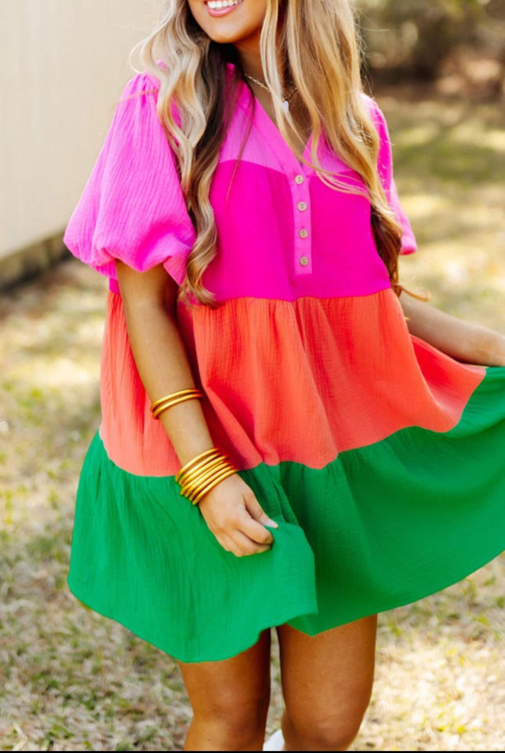 New Multicolor Color Block Tiered Puff Sleeve Dress