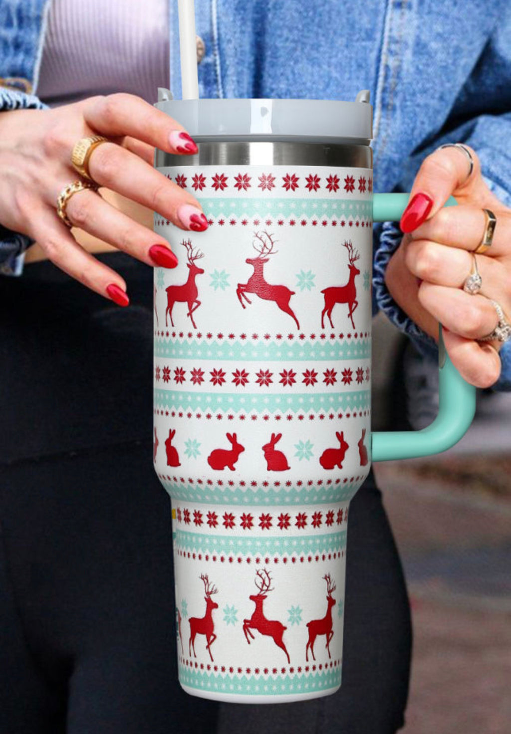 Iceland Blue Christmas Pattern Print Handled Stainless Steel Tumblers