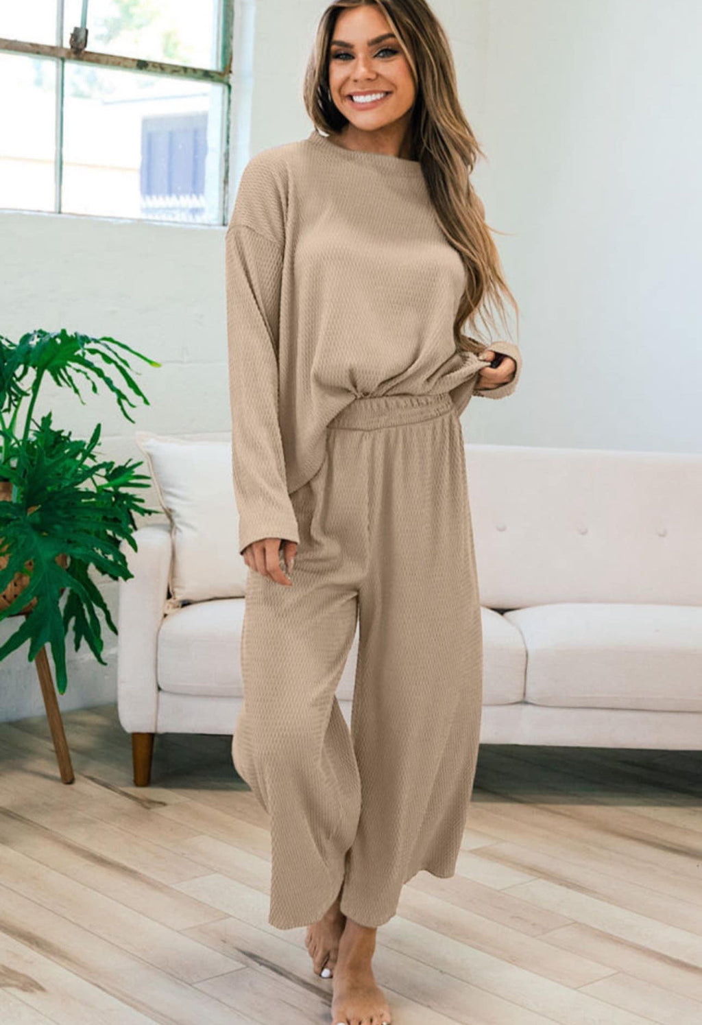 Smoke Gray Loose Textured Pullover and Pants Outfit