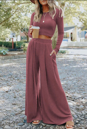 Solid Color Ribbed Crop Top Long Pants Set