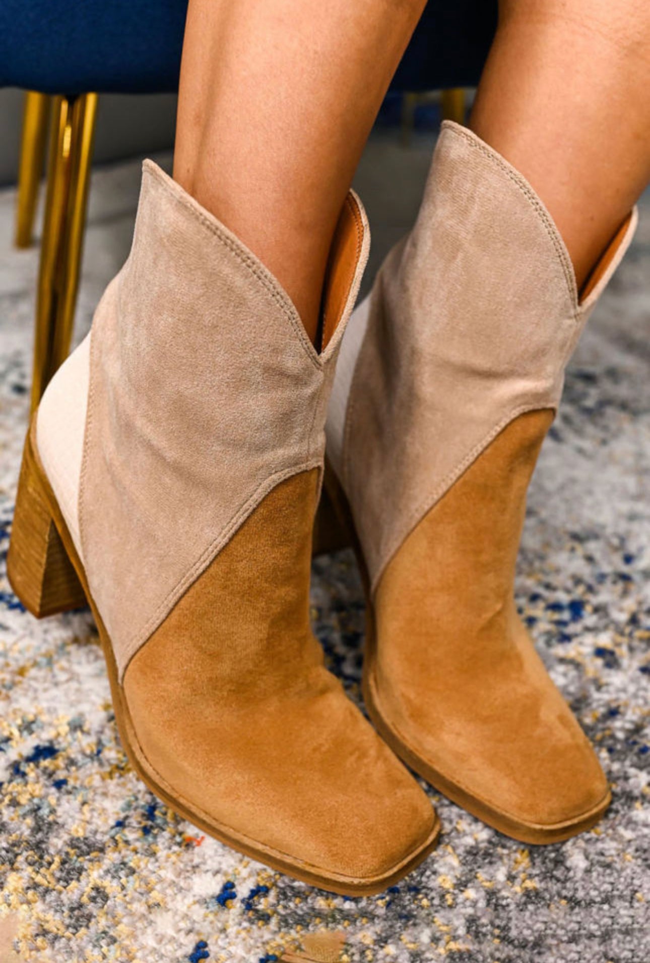 Chestnut Colorblock Suede Heeled Ankle Booties