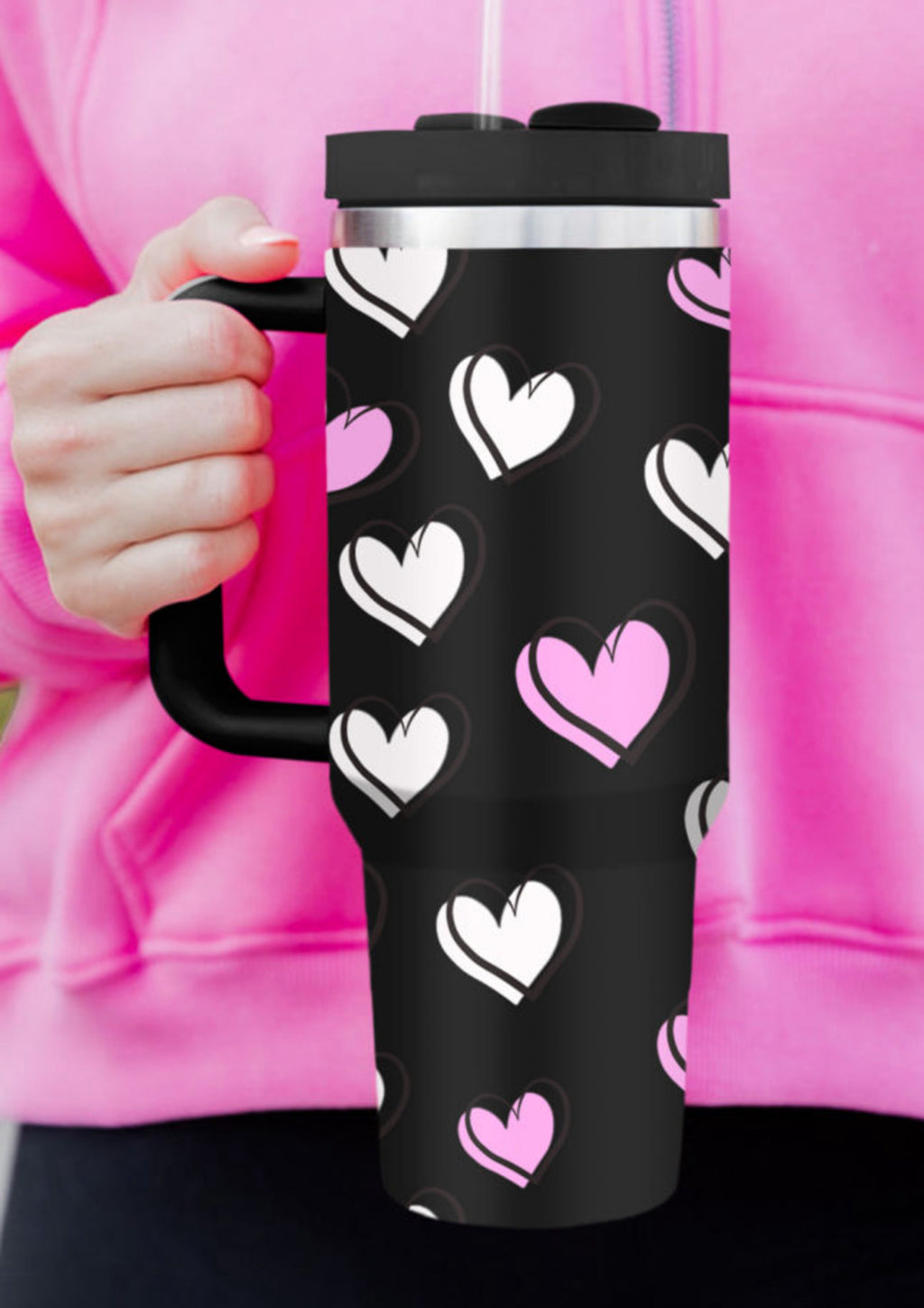 Black Valentines Heart Printed Thermos Cup with Handle