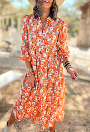 Multicolor Boho Floral Collared Long Sleeve Ruffled Dress