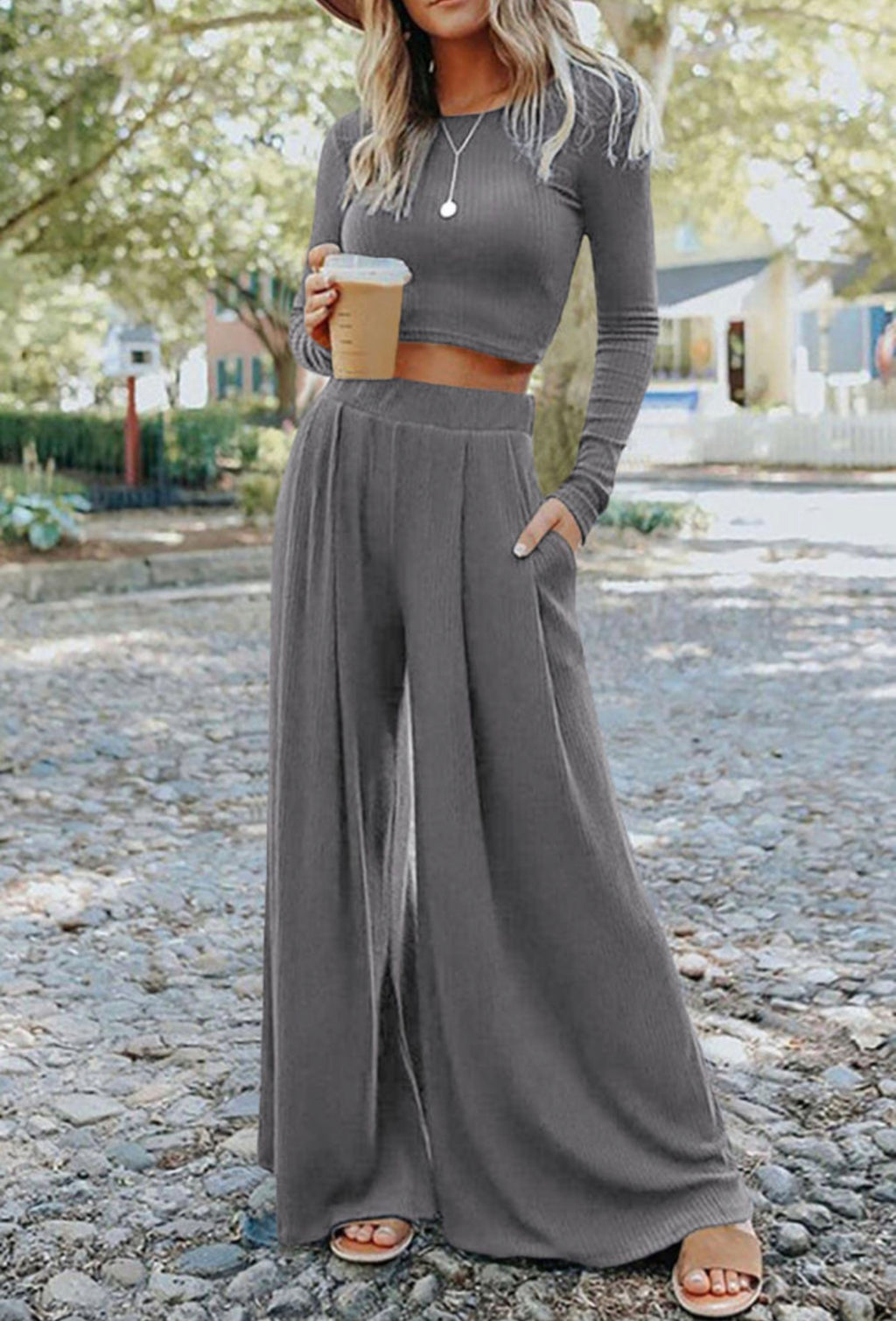 Solid Color Ribbed Crop Top Long Pants Set