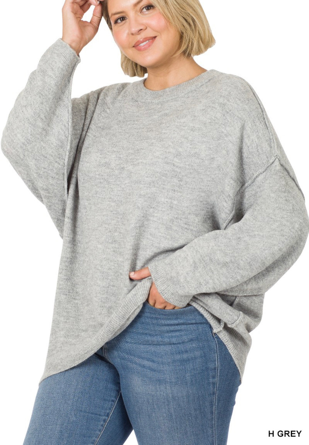 OVERSIZED ROUND NECK RAW SEAM MELANGE SWEATER	H GREY-CURVY