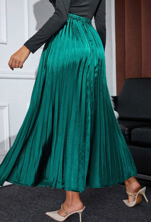 Blackish Green Satin Elastic Waist Pleated Maxi Skirt