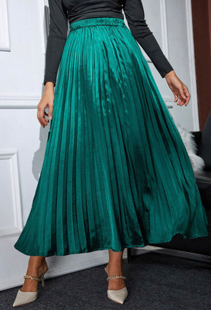 Blackish Green Satin Elastic Waist Pleated Maxi Skirt