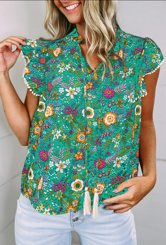 New Green Lace Trim Flutter Sleeve Tropical Floral Blouse