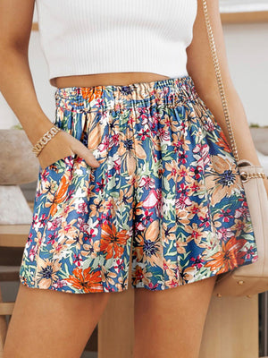 Multicolor Floral Print Wide Leg Casual Shorts