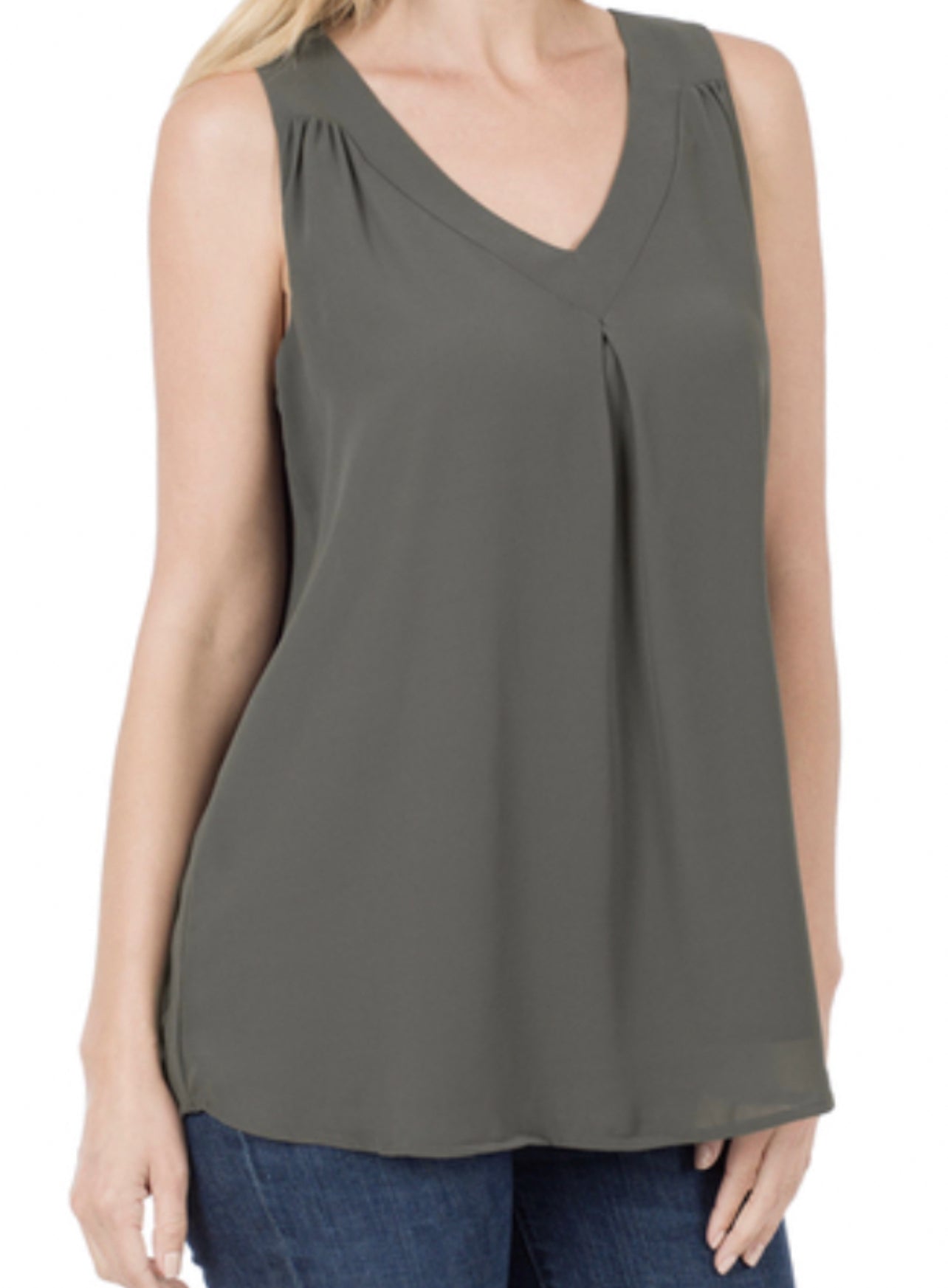 CHIFFON DOUBLE LAYER SLEEVELESS V-NECK TOP-ASH GREY