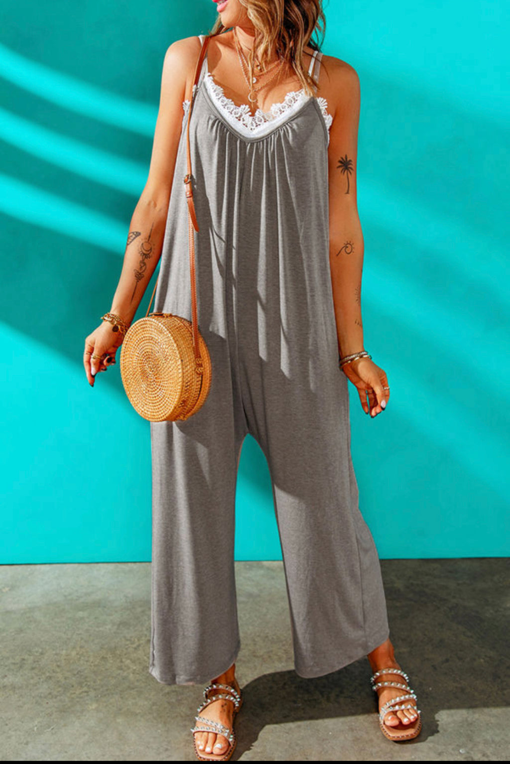 Spaghetti Straps Wide Leg Pocketed Jumpsuits