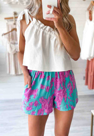 Sky Blue Abstract Print Elastic Waist Pocket Wide-Leg Shorts