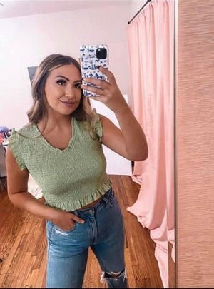 Green V Neck Shoulder Sleeve Crop Top