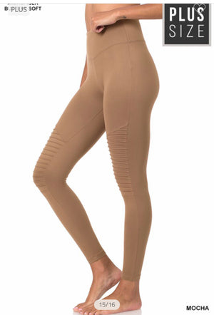 *Curvy* Brushed Microfiber Wide Waistband Moto Leggings-Mocha