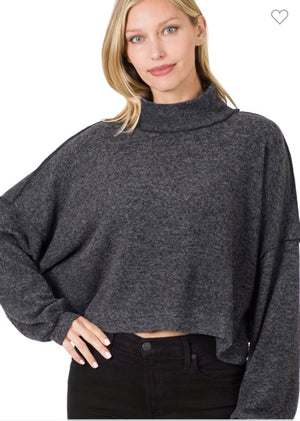 BRUSHED MELANGE HACCI MOCK NECK CROPPED SWEATER-BLACK