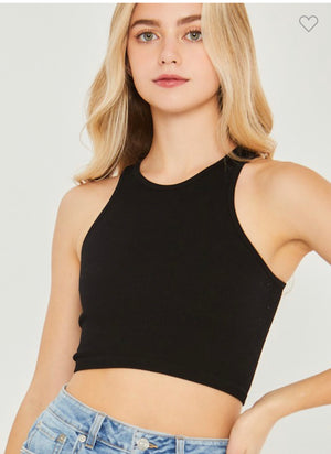 Knit Solid Crop Seamless Tank Top-Black