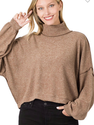 BRUSHED MELANGE HACCI MOCK NECK CROPPED SWEATER-Mocha